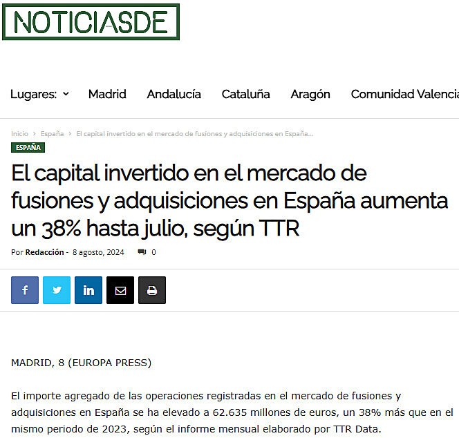 El capital invertido en el mercado de fusiones y adquisiciones en Espaa aumenta un 38% hasta julio, segn TTR